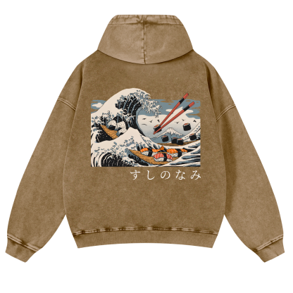 Sushi Kanagawa Katsushika Hokusai Wave Ukiyoe Vintage Washed Cotton Back Art Hoodie