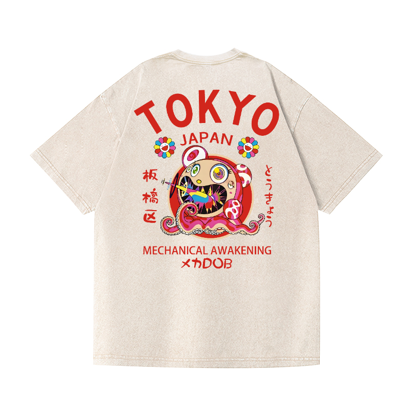 TM Sunflower Octopus Tokyo Japan Vintage Wash Japanese Design Back Art T-Shirt