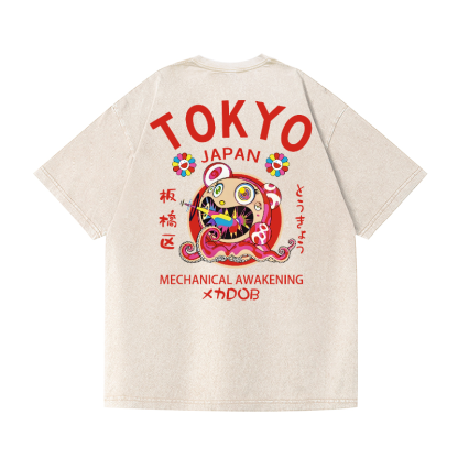 TM Sunflower Octopus Tokyo Japan Vintage Wash Japanese Design Back Art T-Shirt