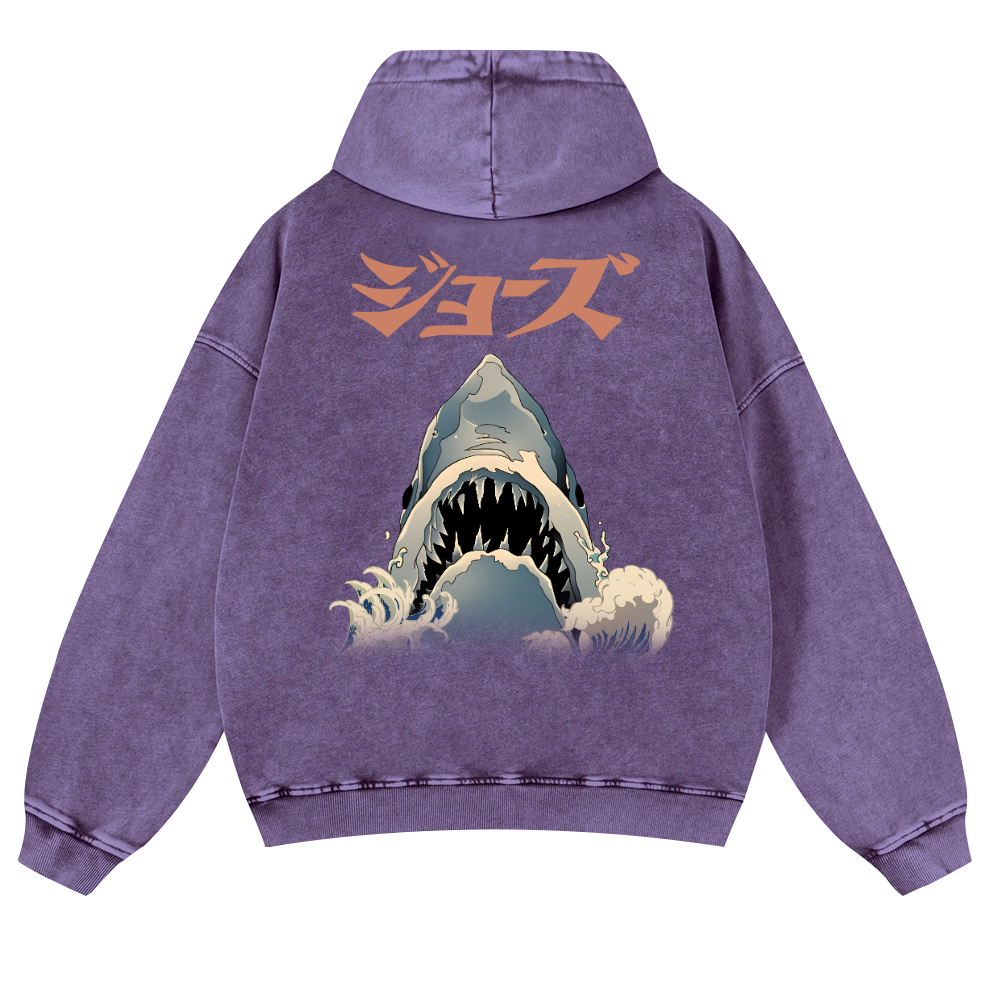 Jaws Ukiyoe Vintage Washed Cotton Back Art Hoodie