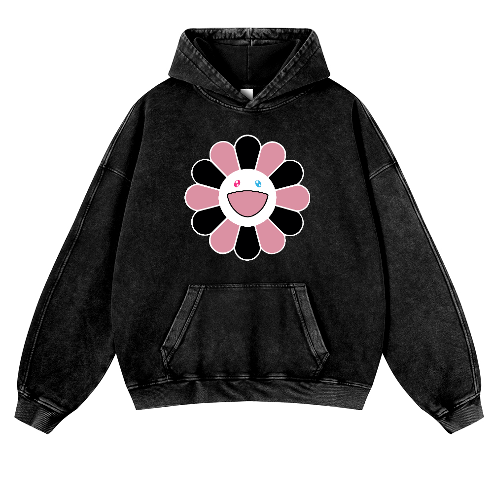 Black Pink Sunflowers TM Vintage Washed Thick Cotton Hoodie