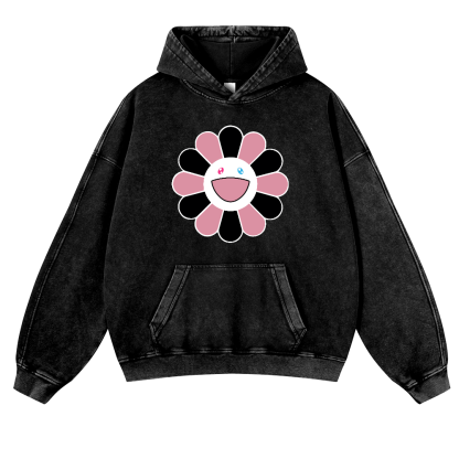 Black Pink Sunflowers TM Vintage Washed Thick Cotton Hoodie