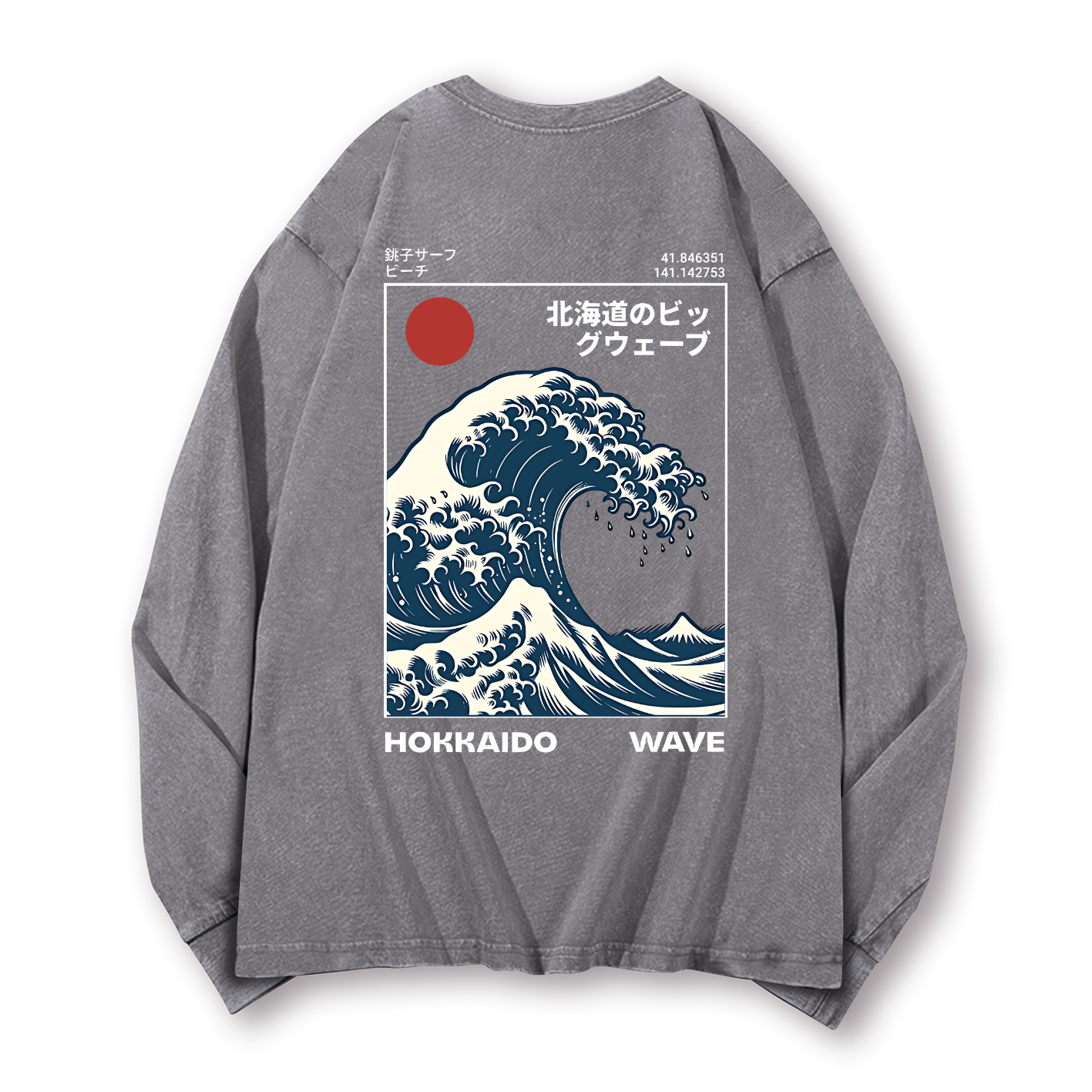 Katsushika Hokusai Wave Ukiyoe Vintage Washed Cotton Back Art Long-sleeve T-shirt