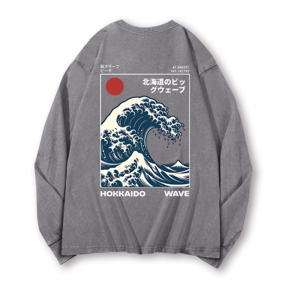 Katsushika Hokusai Wave Ukiyoe Vintage Washed Cotton Back Art Long-sleeve T-shirt