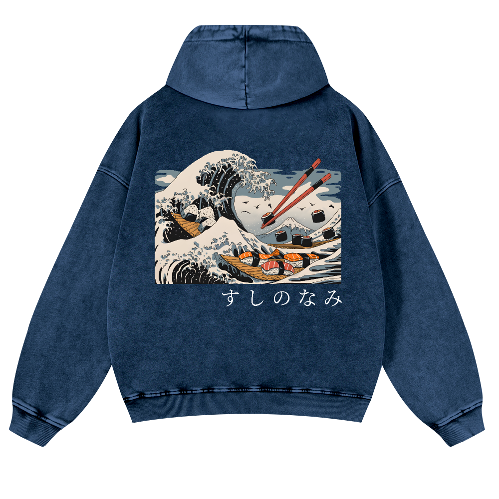 Sushi Kanagawa Katsushika Hokusai Wave Ukiyoe Vintage Washed Cotton Back Art Hoodie