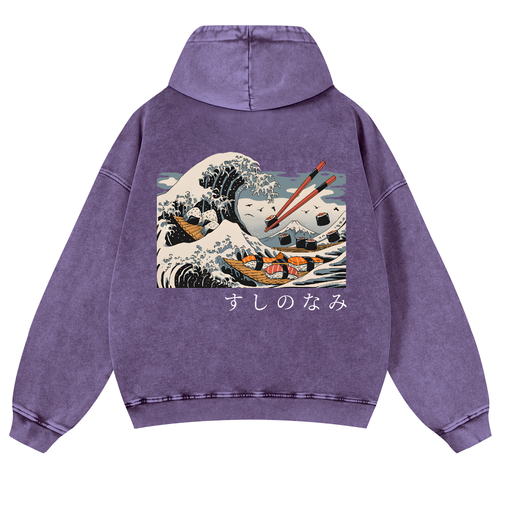 Sushi Kanagawa Katsushika Hokusai Wave Ukiyoe Vintage Washed Cotton Back Art Hoodie