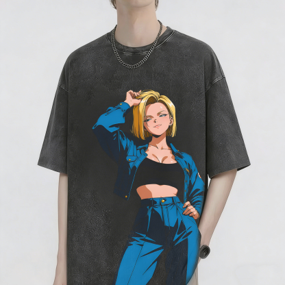 DB Android 18 Vintage Wash Japanese Design T-Shirt
