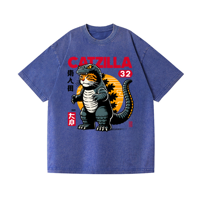 Godzilla Cat Vintage Wash Japanese Design T-Shirt