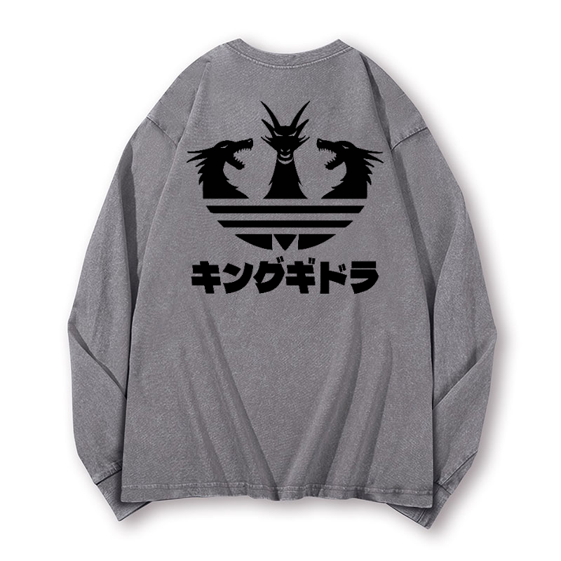 King Ghidorah Kaiju Vintage Washed Cotton Back Art Long-sleeve T-shirt
