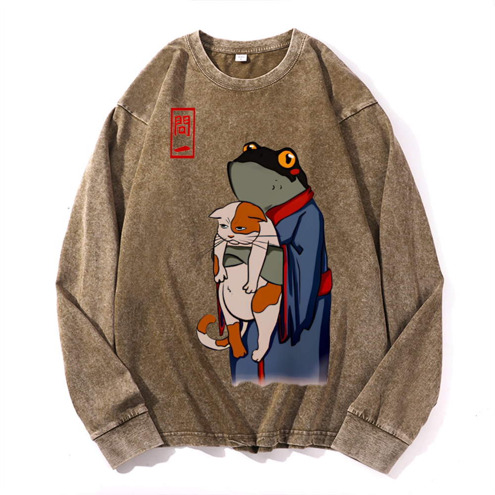 Matsumoto Hoji Cat Frog Vintage Cotton Wash Crewneck Sweatshirt