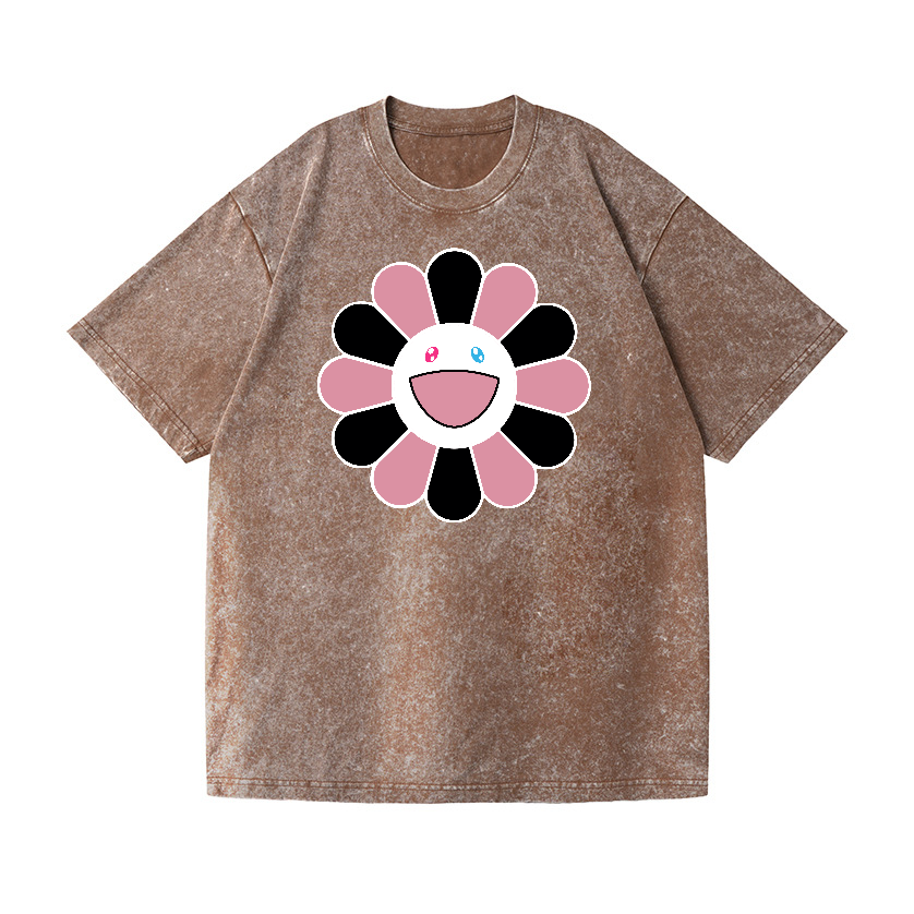 Black Pink Sunflowers TM Vintage Wash Japanese Design T-Shirt