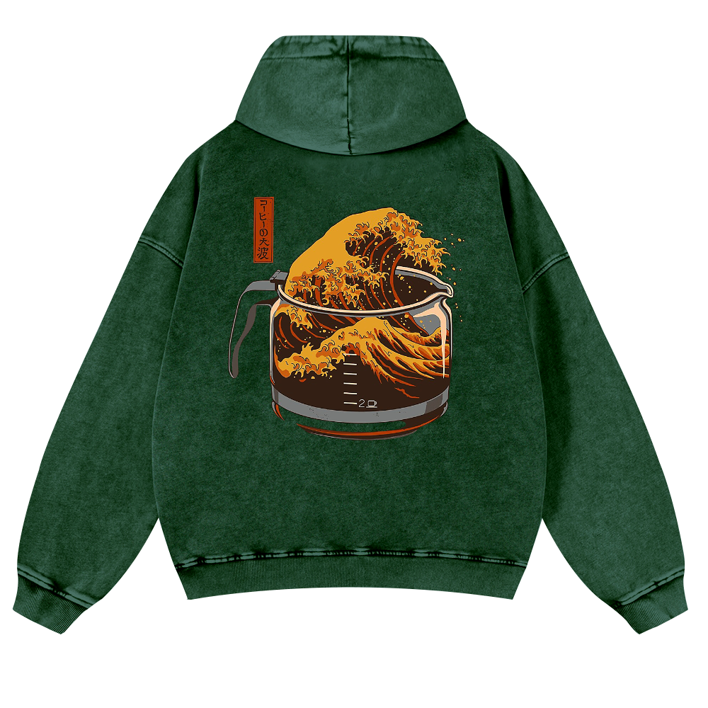 Katsushika Hokusai Coffee Wave Ukiyoe Vintage Washed Cotton Back Art Hoodie