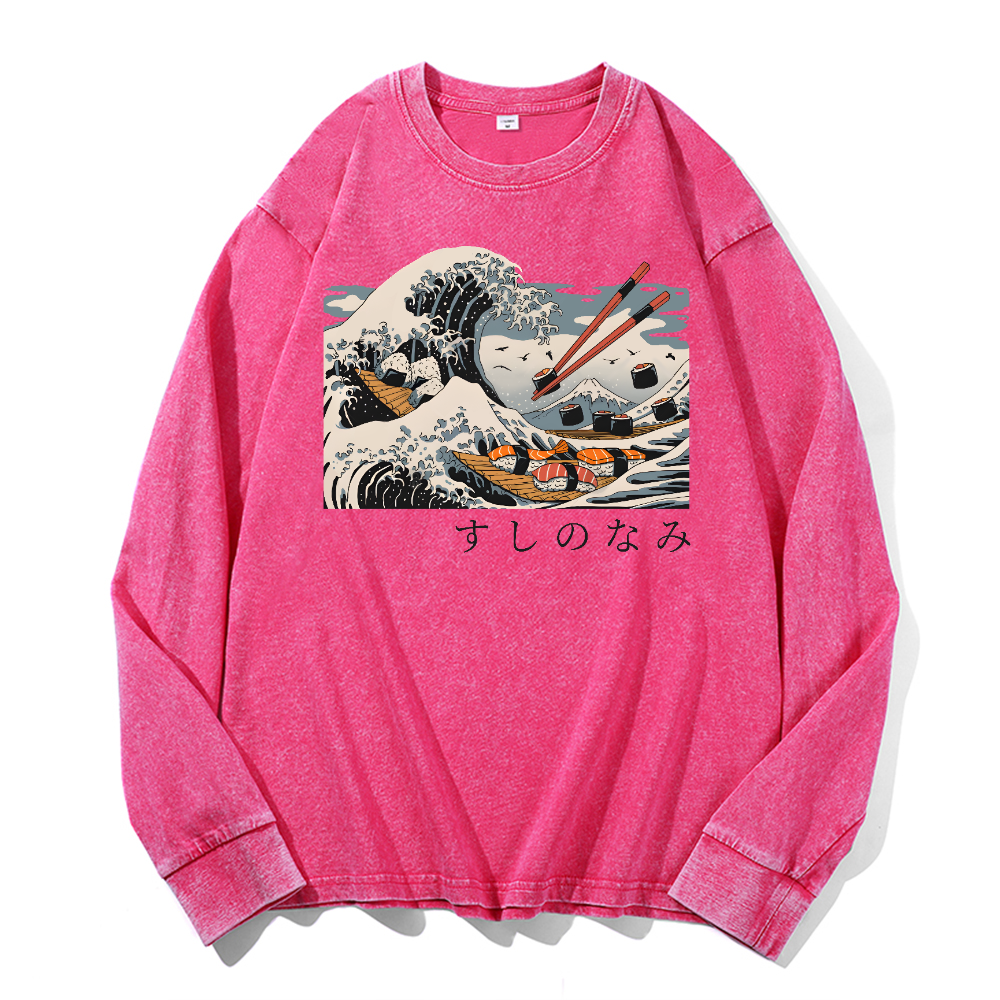 Sushi Katsushika Hokusai Vintage Cotton Wash Crewneck Sweatshirt