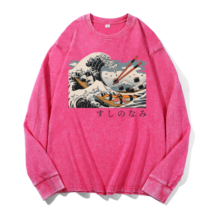 Sushi Katsushika Hokusai Vintage Cotton Wash Crewneck Sweatshirt