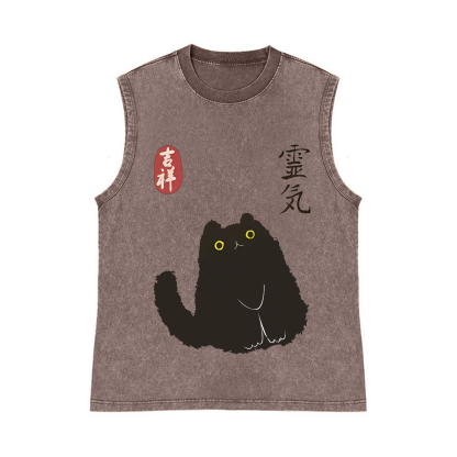 Cat Art Pure Cotton Wash-Dyed Sleeveless Tank Top