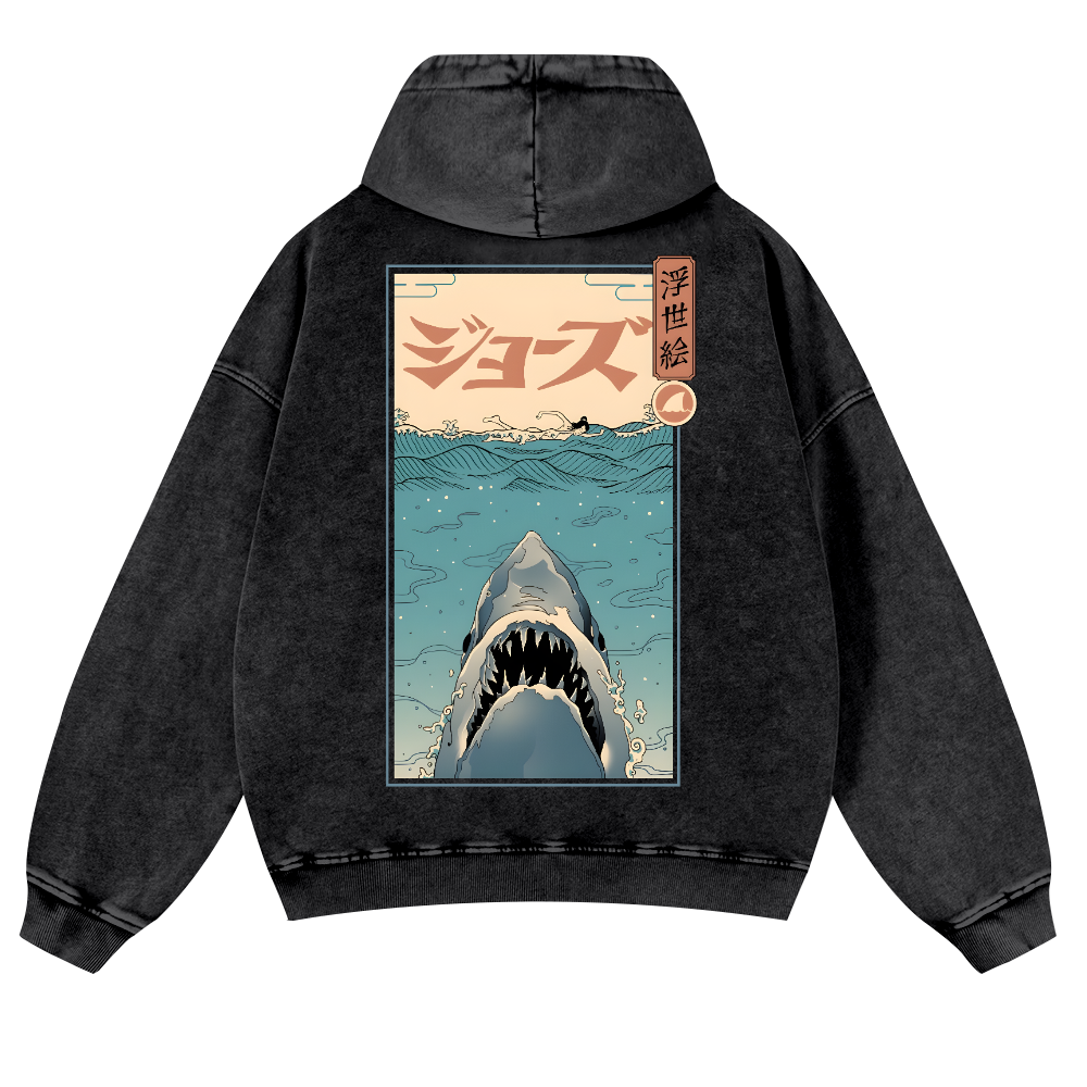 Jaws Ukiyoe Vintage Washed Cotton Back Art Hoodie