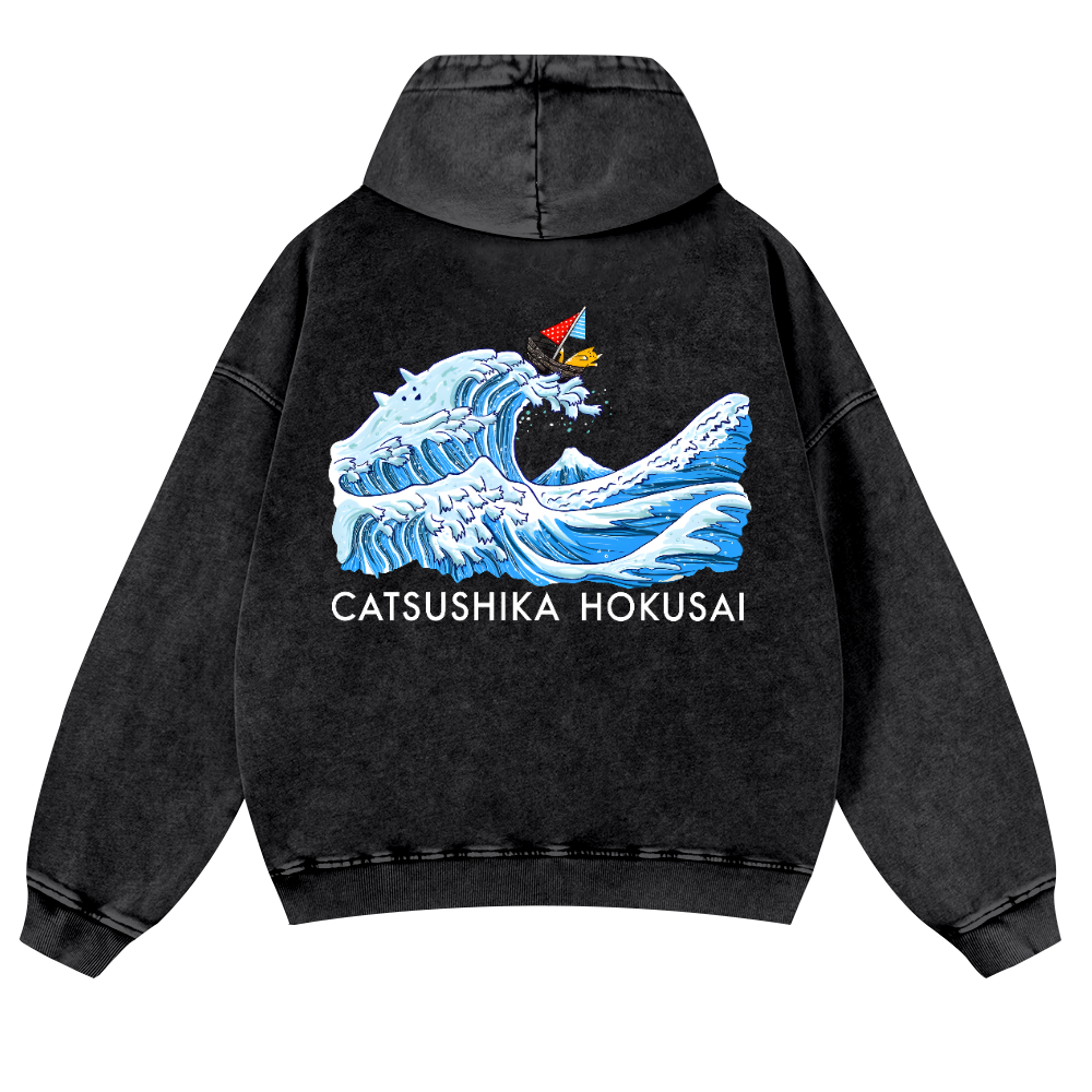 Katsushika Hokusai Cat Wave Vintage Washed Cotton Back Art Hoodie