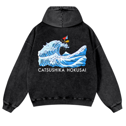 Katsushika Hokusai Cat Wave Vintage Washed Cotton Back Art Hoodie