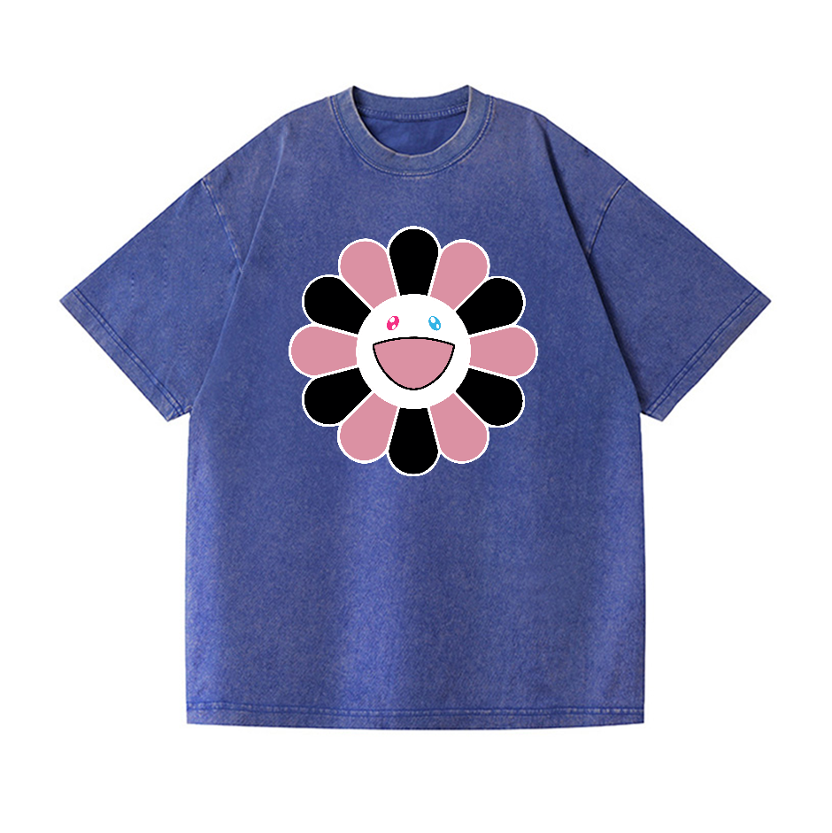 Black Pink Sunflowers TM Vintage Wash Japanese Design T-Shirt