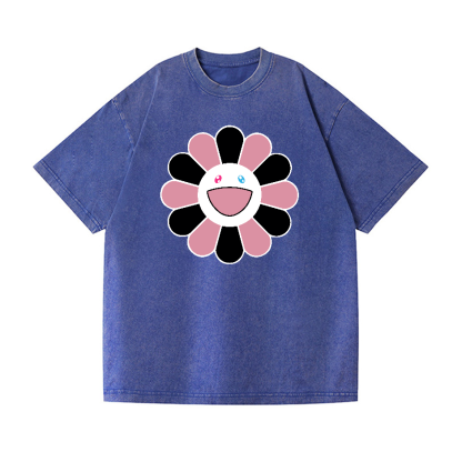 Black Pink Sunflowers TM Vintage Wash Japanese Design T-Shirt