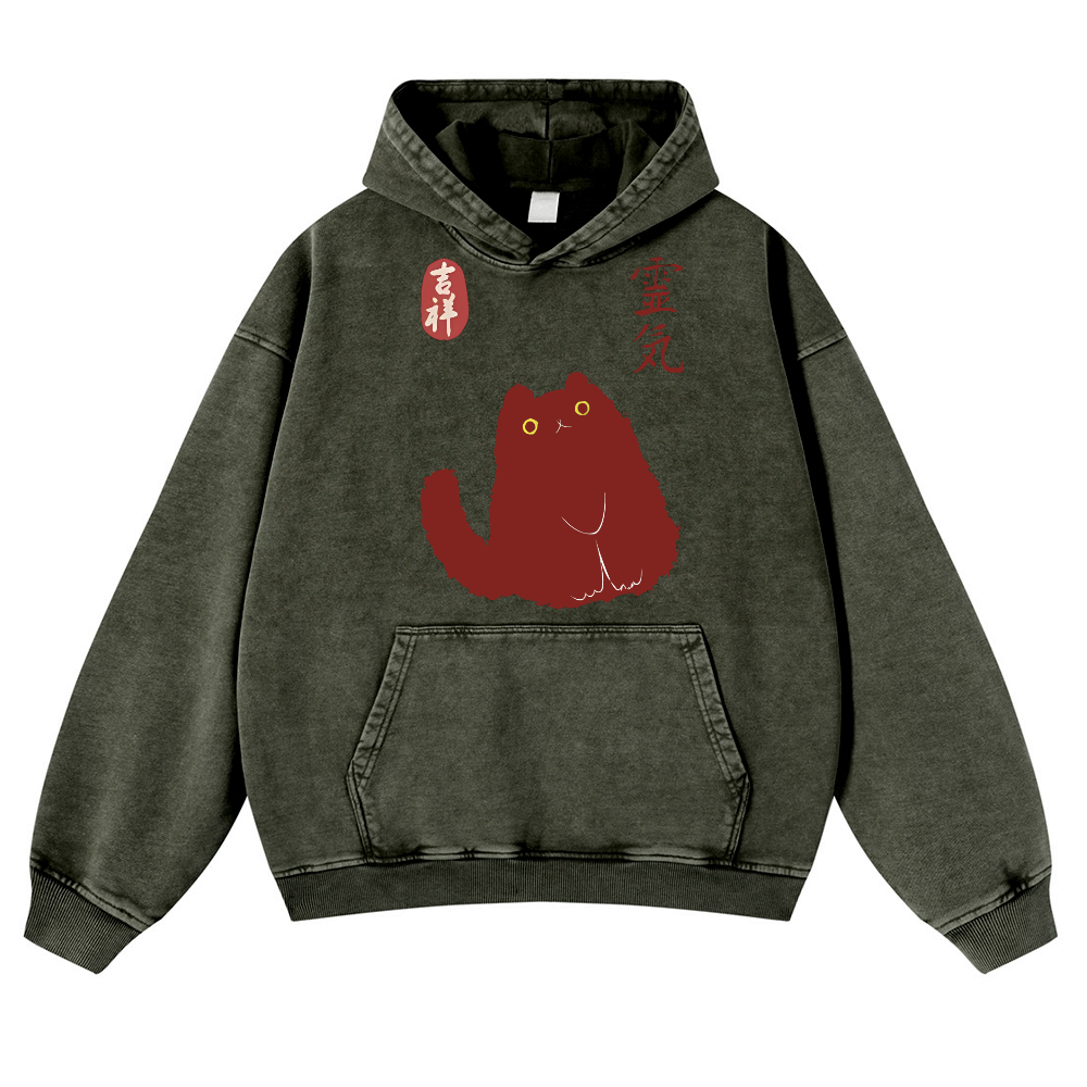 Black Cat Art Vintage Washed Thick Cotton Hoodie