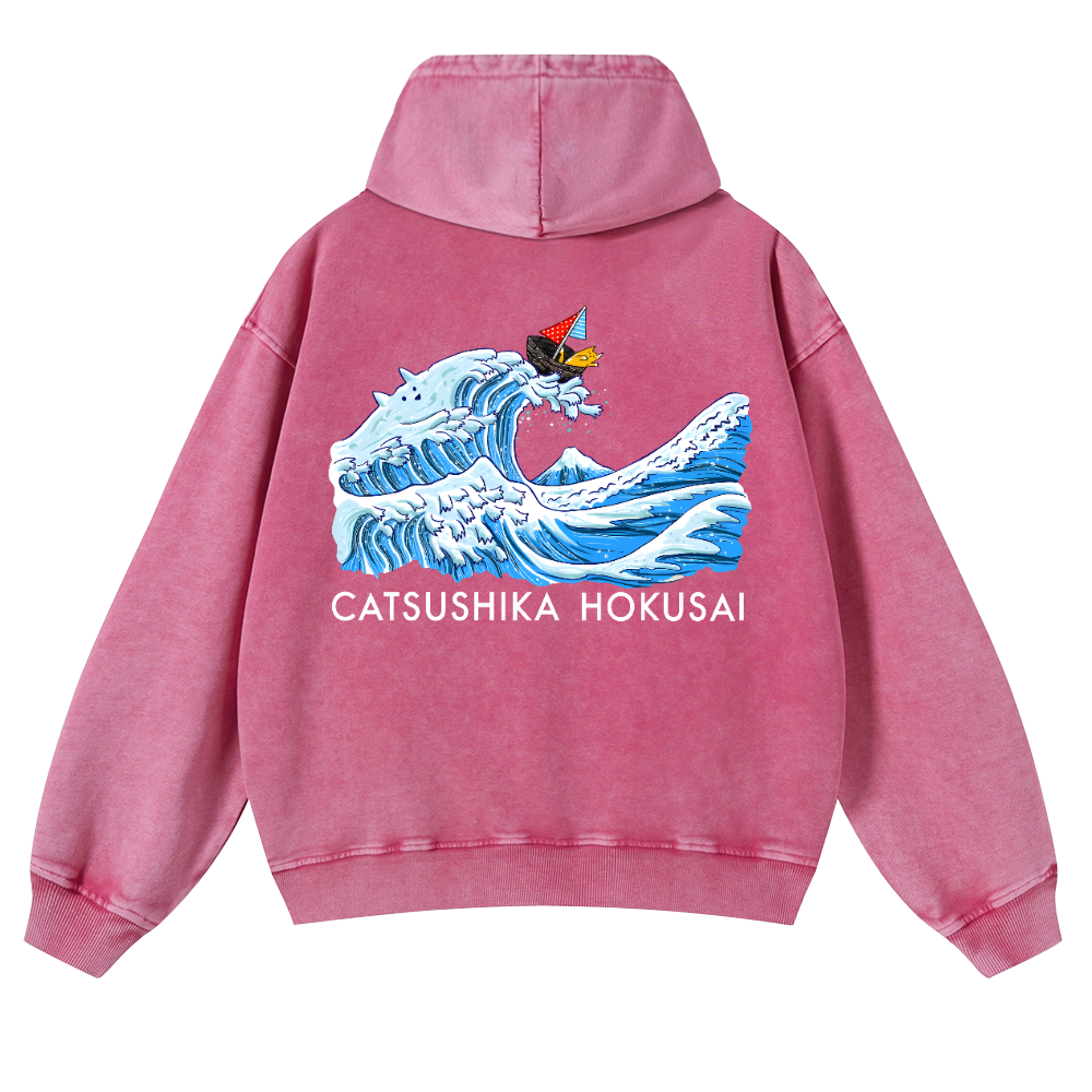 Katsushika Hokusai Cat Wave Vintage Washed Cotton Back Art Hoodie