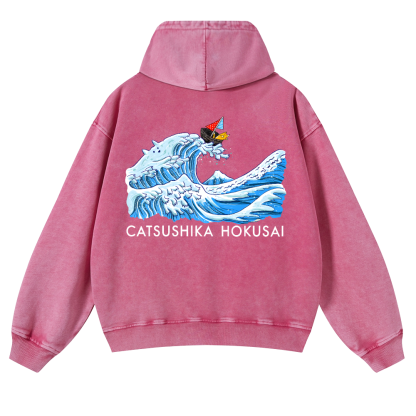 Katsushika Hokusai Cat Wave Vintage Washed Cotton Back Art Hoodie