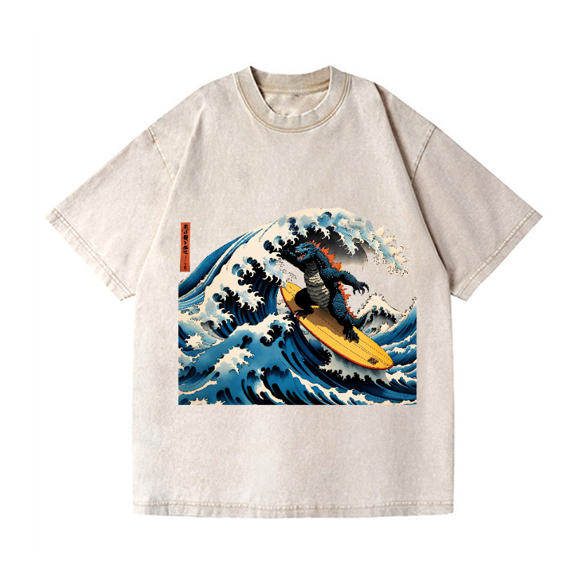 Godzilla Wave Ukiyoe Vintage Wash Japanese Design T-Shirt