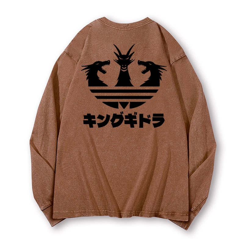 King Ghidorah Kaiju Vintage Washed Cotton Back Art Long-sleeve T-shirt