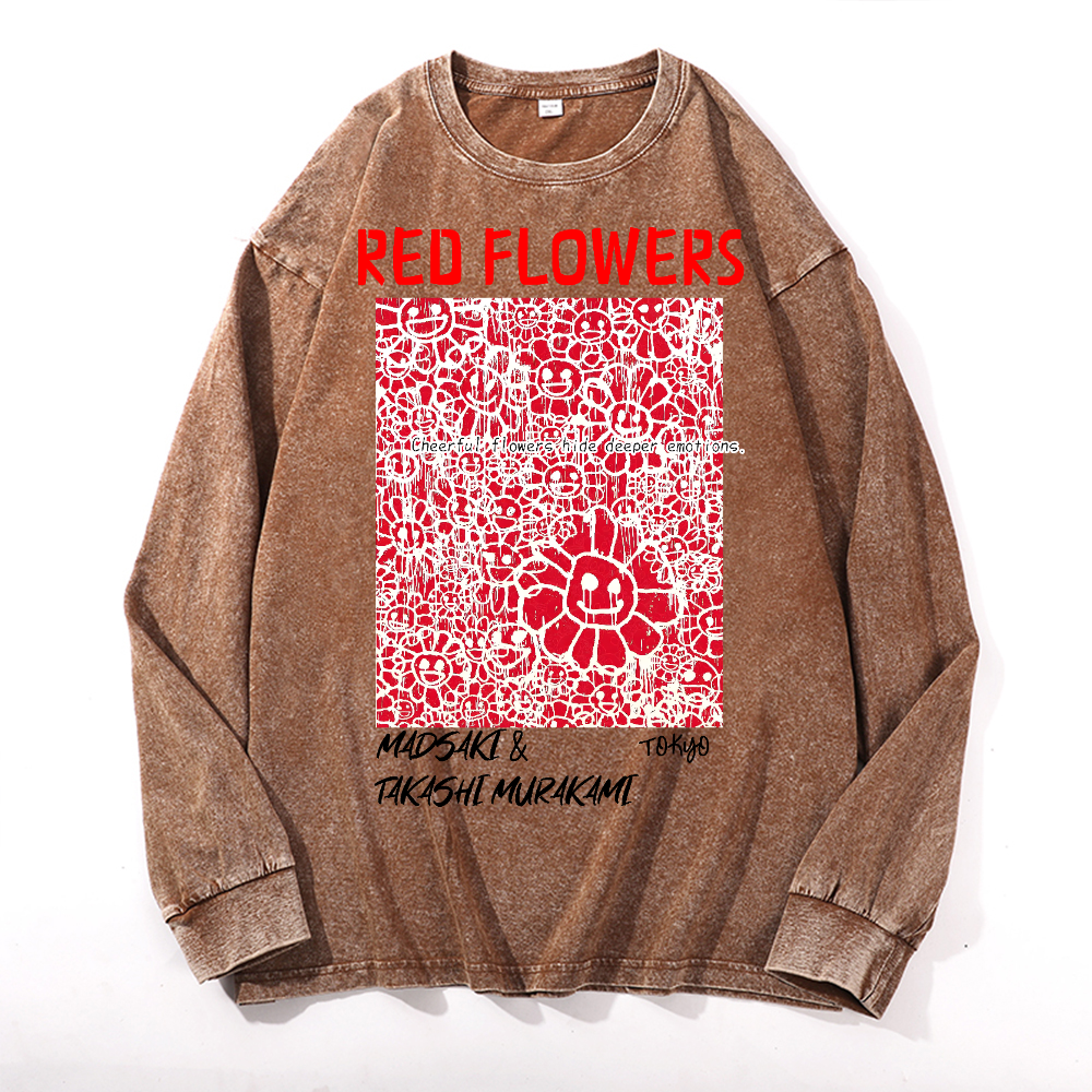 Madsaki Red Flowers TM Vintage Cotton Wash Crewneck Sweatshirt