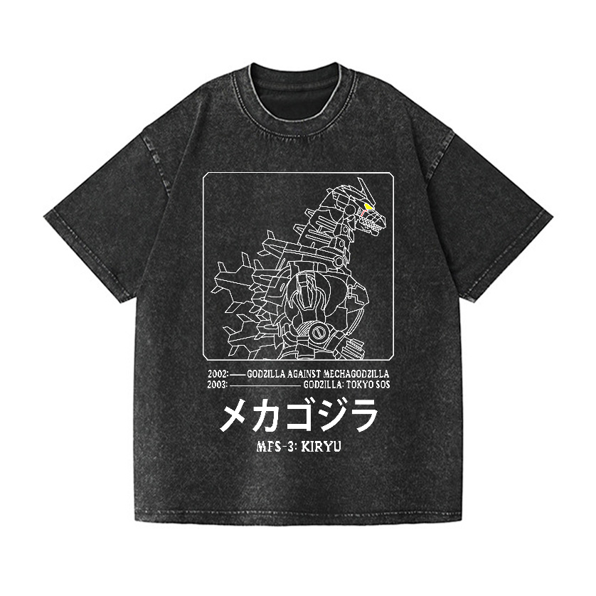 Godzila Gundam Mechagodzilla Vintage Wash Japanese Design T-Shirt