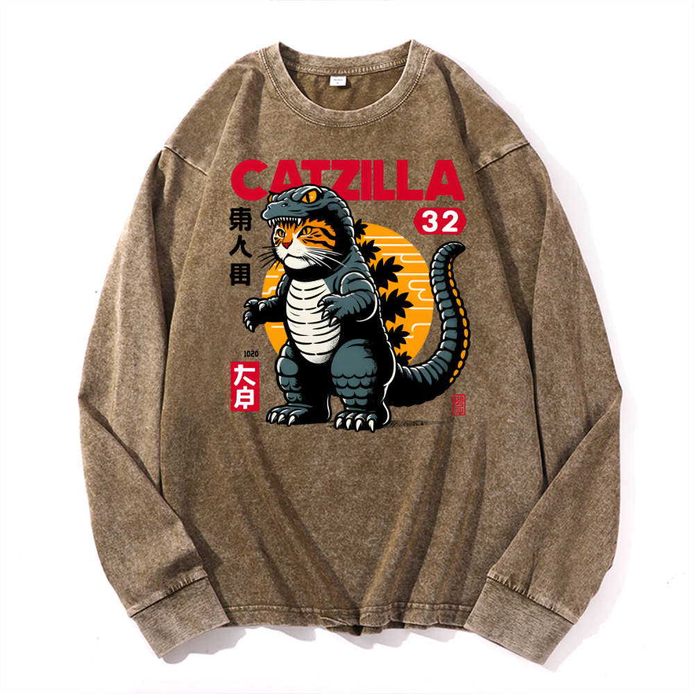 Catzilla Kaiju Vintage Cotton Wash Crewneck Sweatshirt