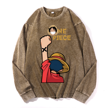OP Luffy Vintage Cotton Wash Crewneck Sweatshirt