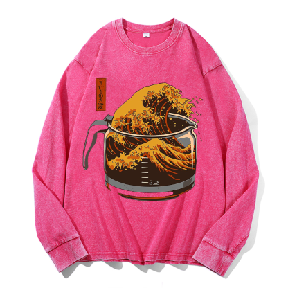Coffee Katsushika Hokusai Vintage Cotton Wash Crewneck Sweatshirt