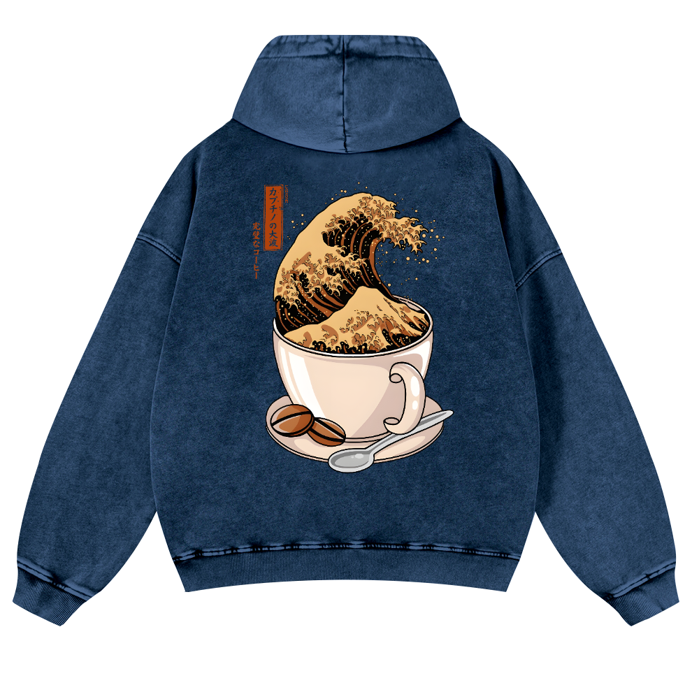Katsushika Hokusai Coffee Wave Vintage Washed Cotton Back Art Hoodie