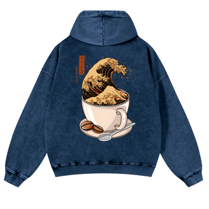 Katsushika Hokusai Coffee Wave Vintage Washed Cotton Back Art Hoodie