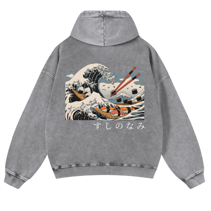 Sushi Kanagawa Katsushika Hokusai Wave Ukiyoe Vintage Washed Cotton Back Art Hoodie