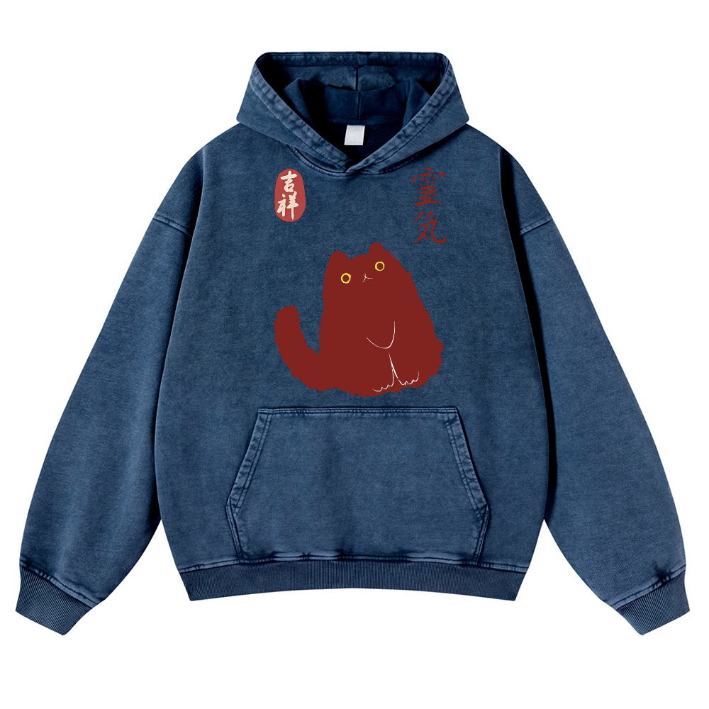 Black Cat Art Vintage Washed Thick Cotton Hoodie