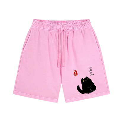 Lucky Cat Black Cat Art Vintage Washed Cotton Shorts
