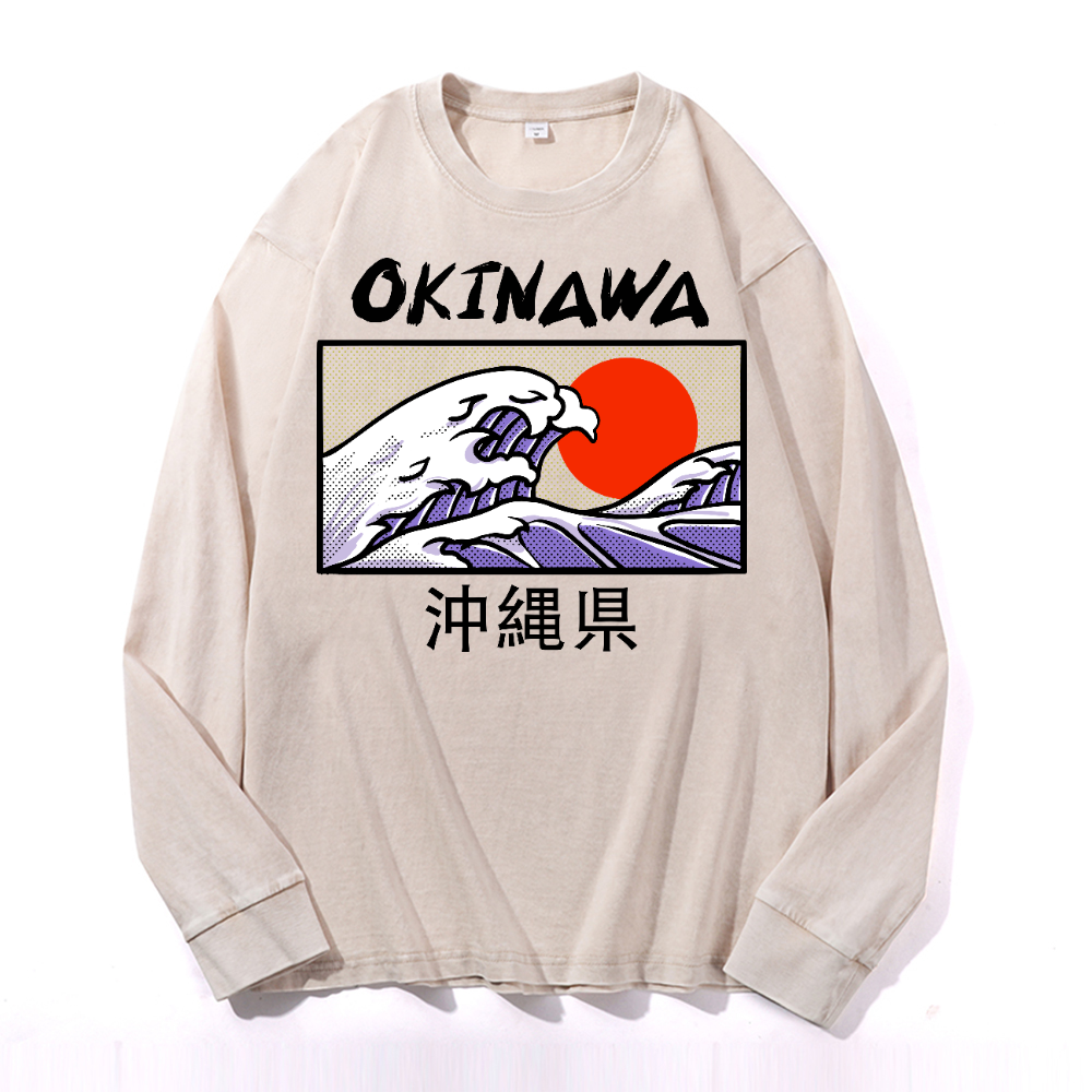 Okinawa Katsushika Hokusai Vintage Cotton Wash Crewneck Sweatshirt