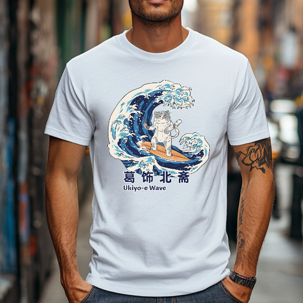 Katsushika Hokusai Cat Great Wave Ukiyoe Japanese Style Classic Tee