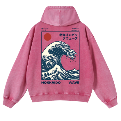 Katsushika Hokusai Hokkaido Wave Ukiyoe Vintage Washed Cotton Back Art Hoodie
