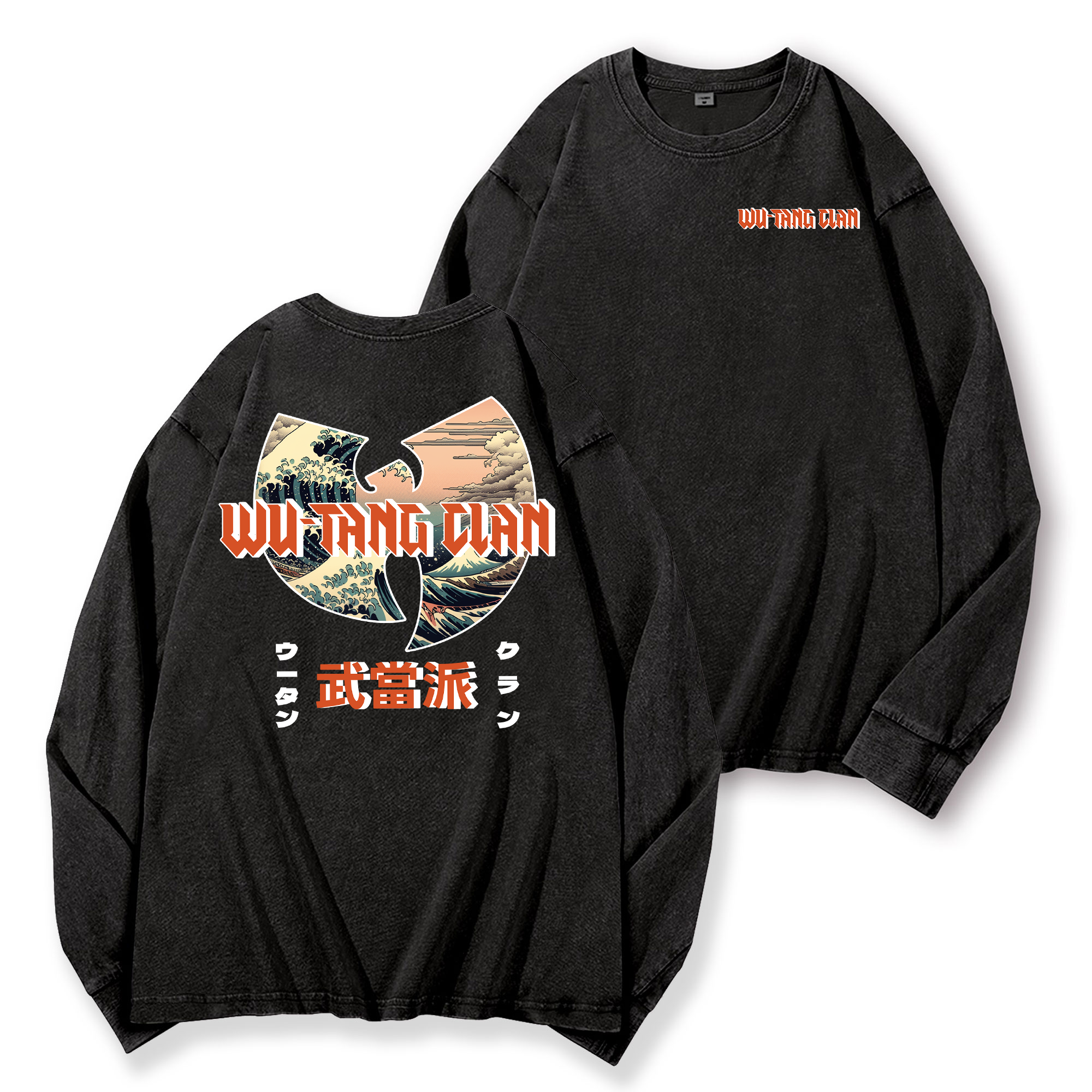 Wu Tang Clan Ukiyoe Wave Vintage Washed Cotton Back Art Long-sleeve T-shirt