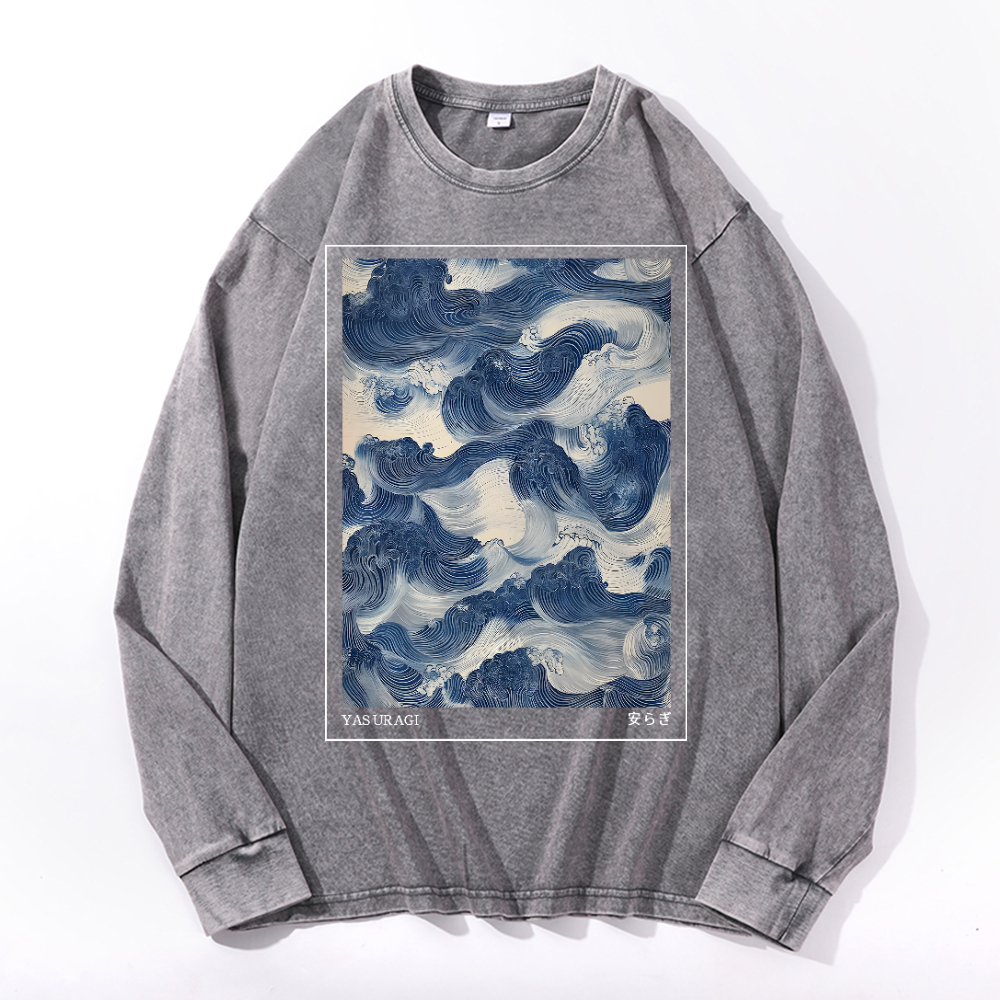 Yasuragi Art Wave Vintage Cotton Wash Long-sleeve T-shirt
