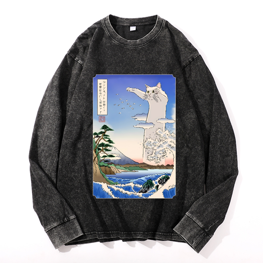 Longcat Art Vintage Cotton Wash Crewneck Sweatshirt