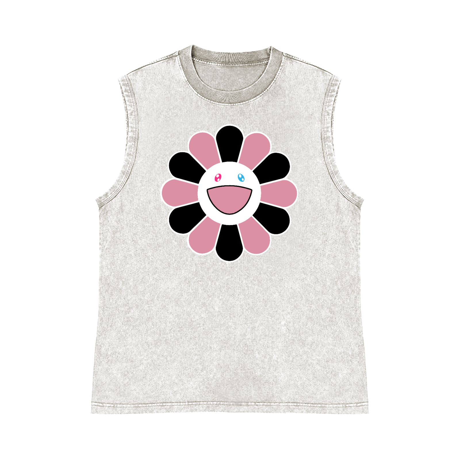 Black Pink Sunflowers TM Pure Cotton Wash-Dyed Sleeveless Tank Top