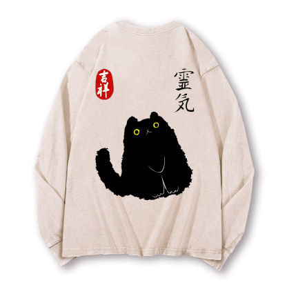 Lucky Cat Black Cat Art Vintage Washed Cotton Back Art Long-sleeve T-shirt