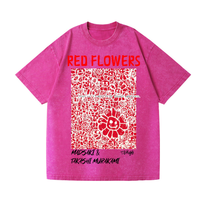 Red Flowers TM Vintage Wash Japanese Design T-Shirt