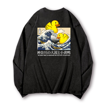 Great Wave Kanagawa Katsushika Hokusai Duck Vintage Washed Cotton Back Art Long-sleeve T-shirt