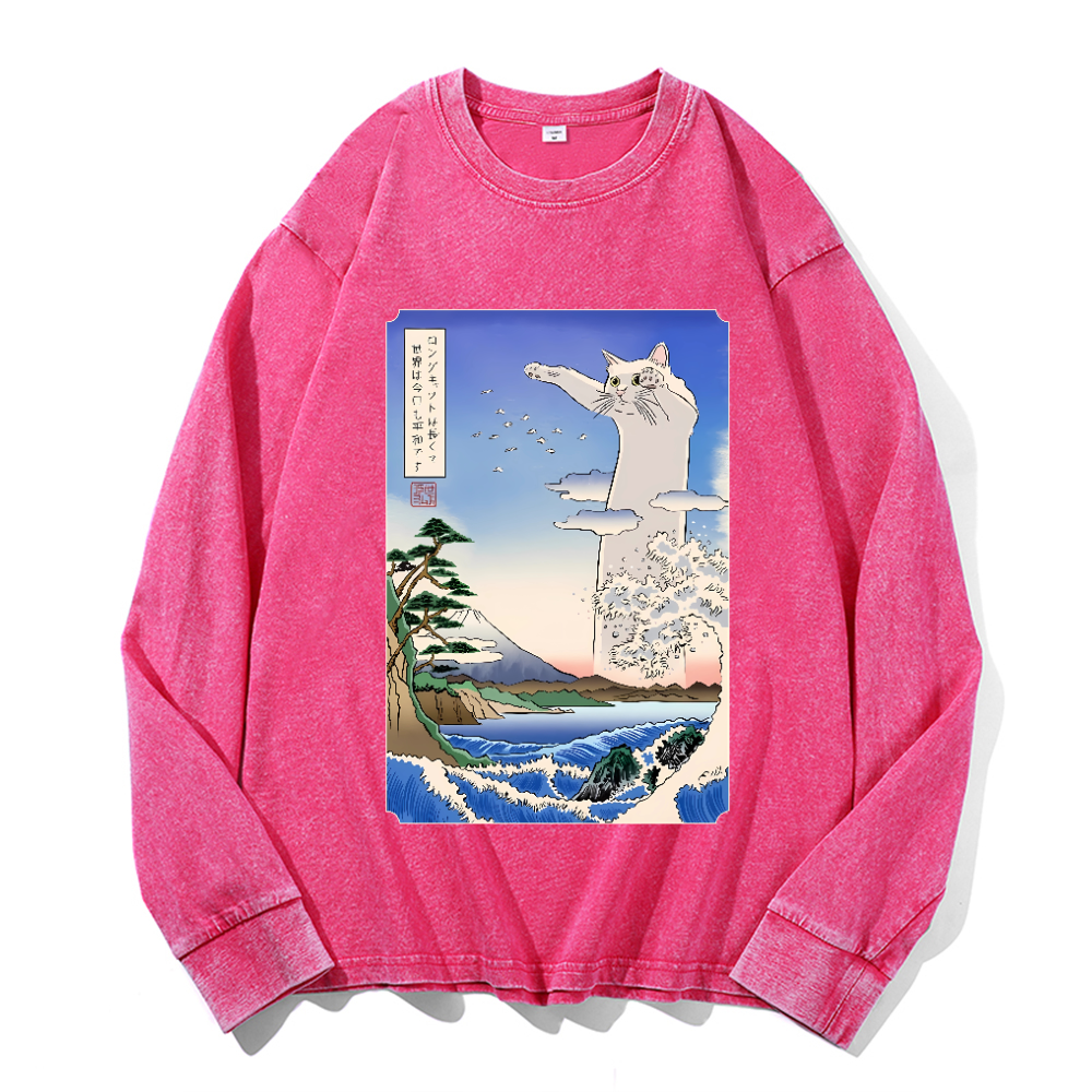 Longcat Art Vintage Cotton Wash Crewneck Sweatshirt